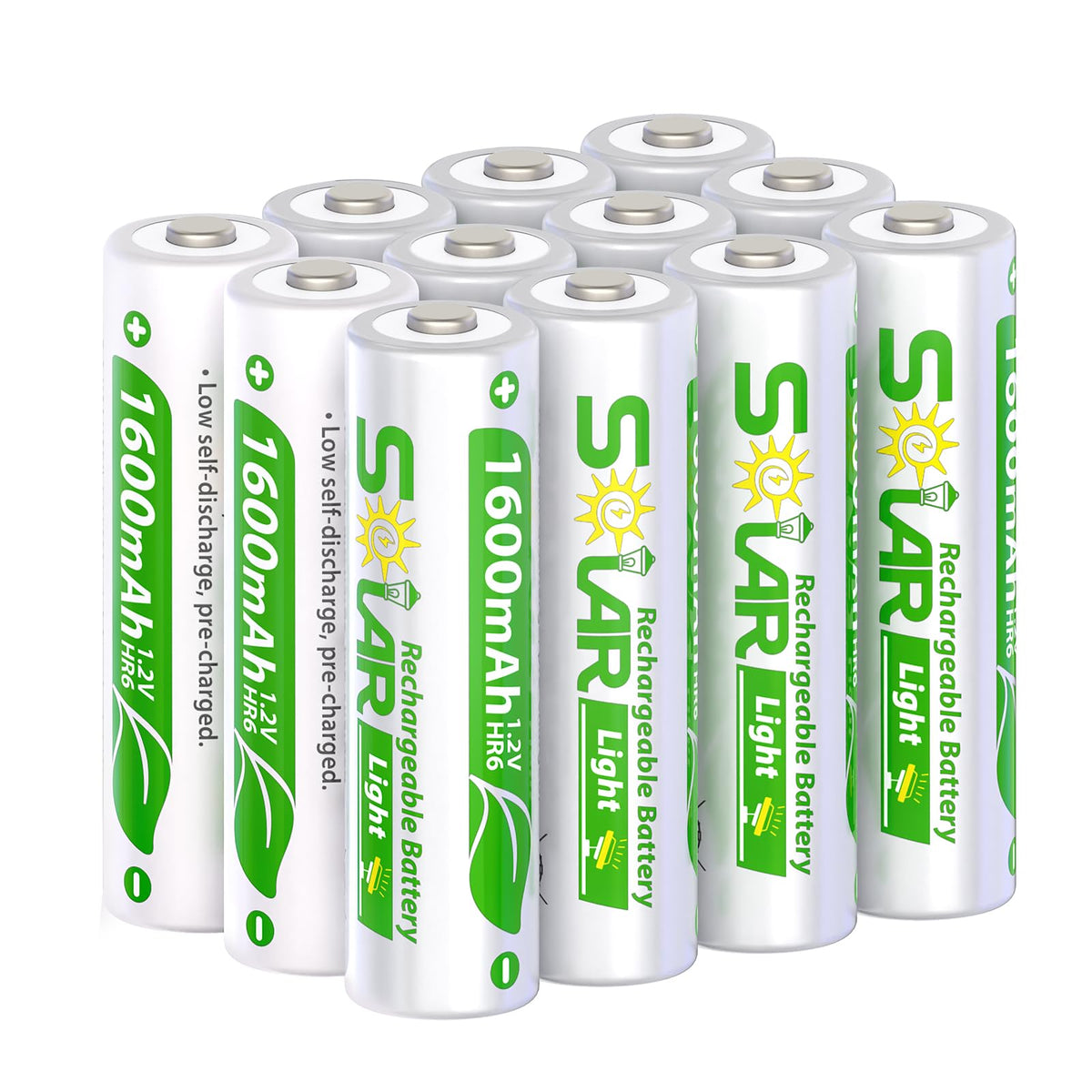 WENJOOP AA 12-pack batteries, front view, ready for quick replacement in garden lights.