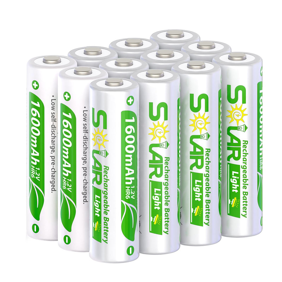 WENJOOP AA 12-pack batteries, front view, ready for quick replacement in garden lights.