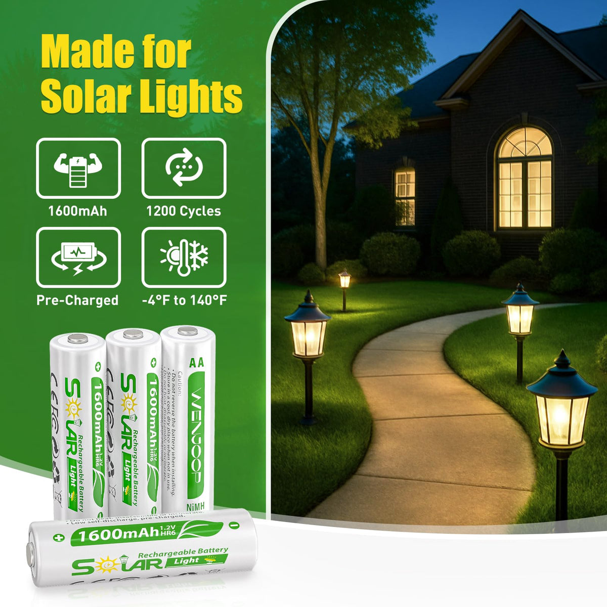 WENJOOP AA batteries inside solar lights provide reliable power