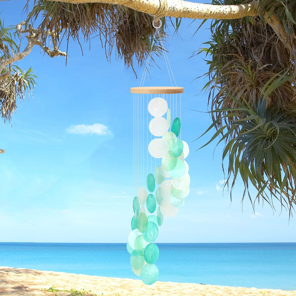 Wenqik sea glass wind chime on a porch for outdoor decor