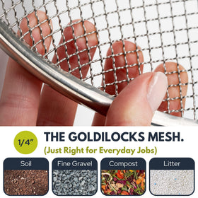 Wenses round dirt sifter sits on a standard bucket for clean workspaces.