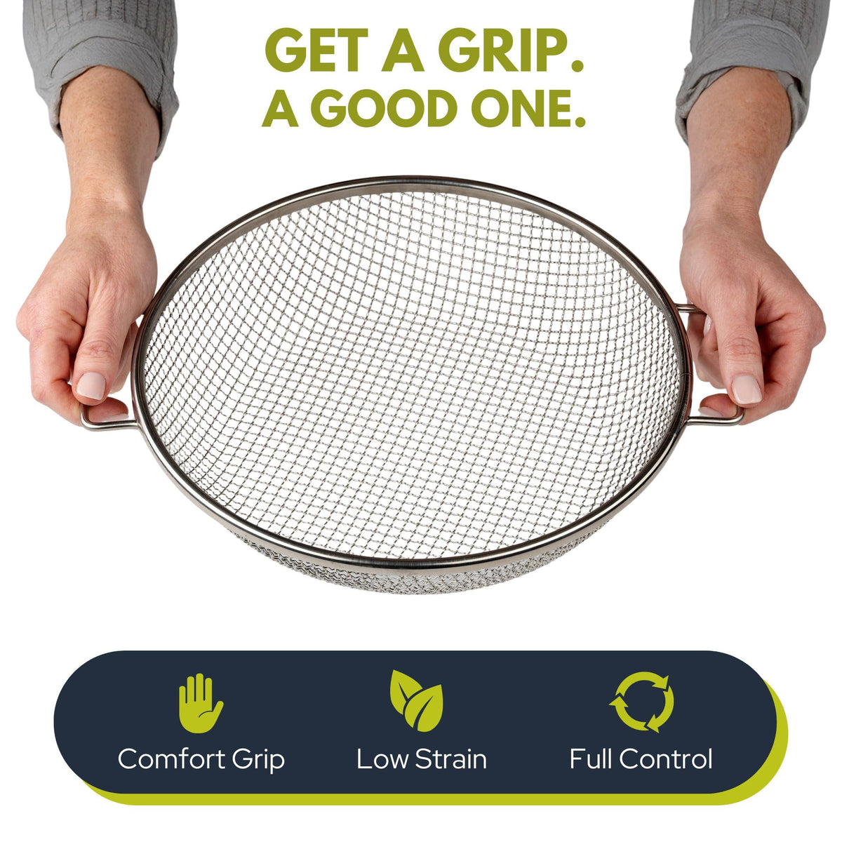 Wenses sifter with side handles reduces strain during shaking and sieving.