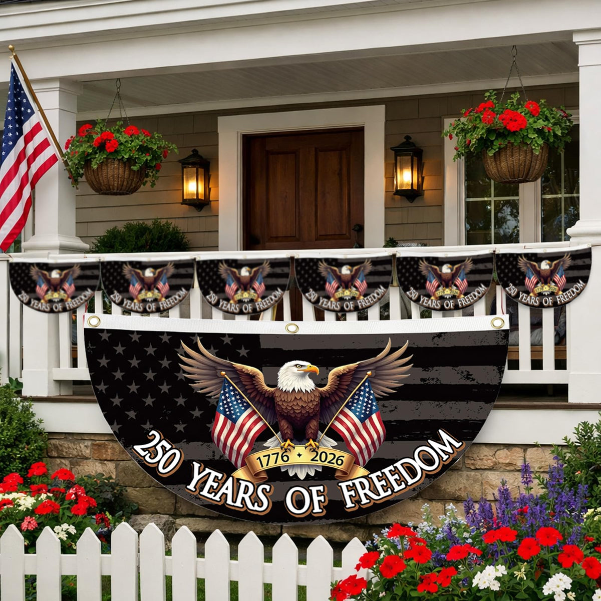 WENWELL backyard fence display featuring the commemorative flag set.