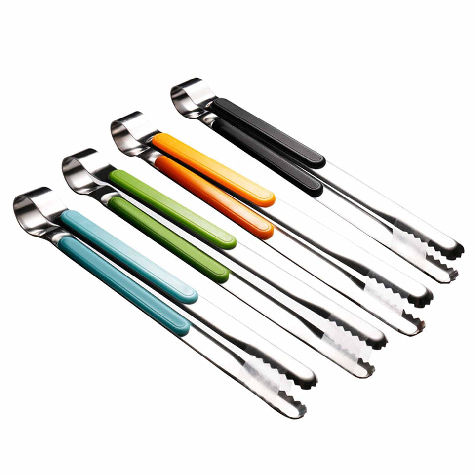 Weogot 4-piece stainless steel tongs set with ergonomic grip for precise flipping.