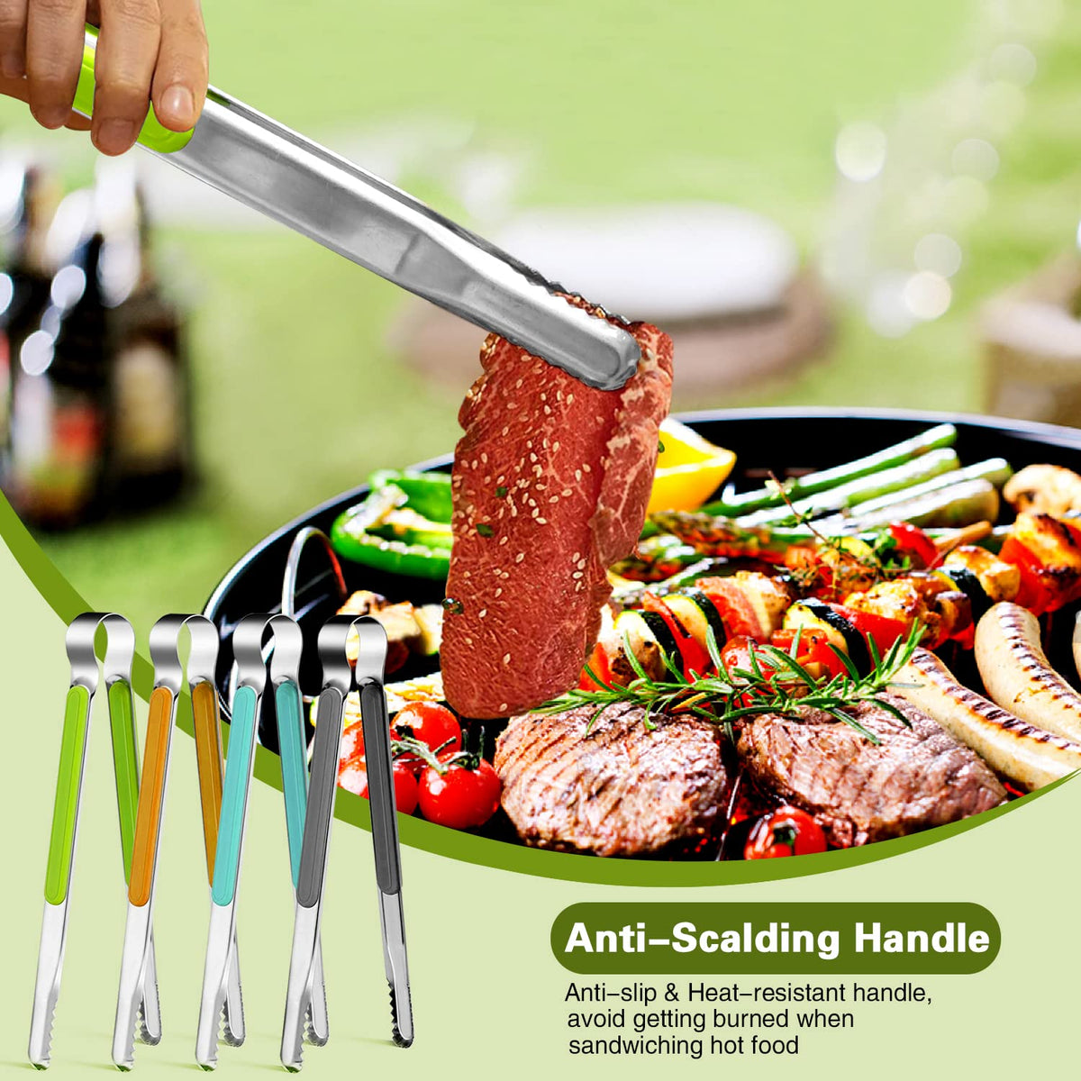 Weogot serrated-head tongs provide secure grip on meat and vegetables.
