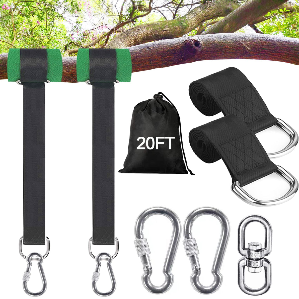 Werflyto Safe Tree Swing Straps 20ft around a tree provide sturdy, weatherproof support.