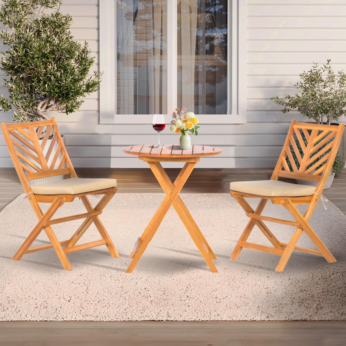 Werph 3-piece acacia patio set with foldable table, ideal for compact balconies.