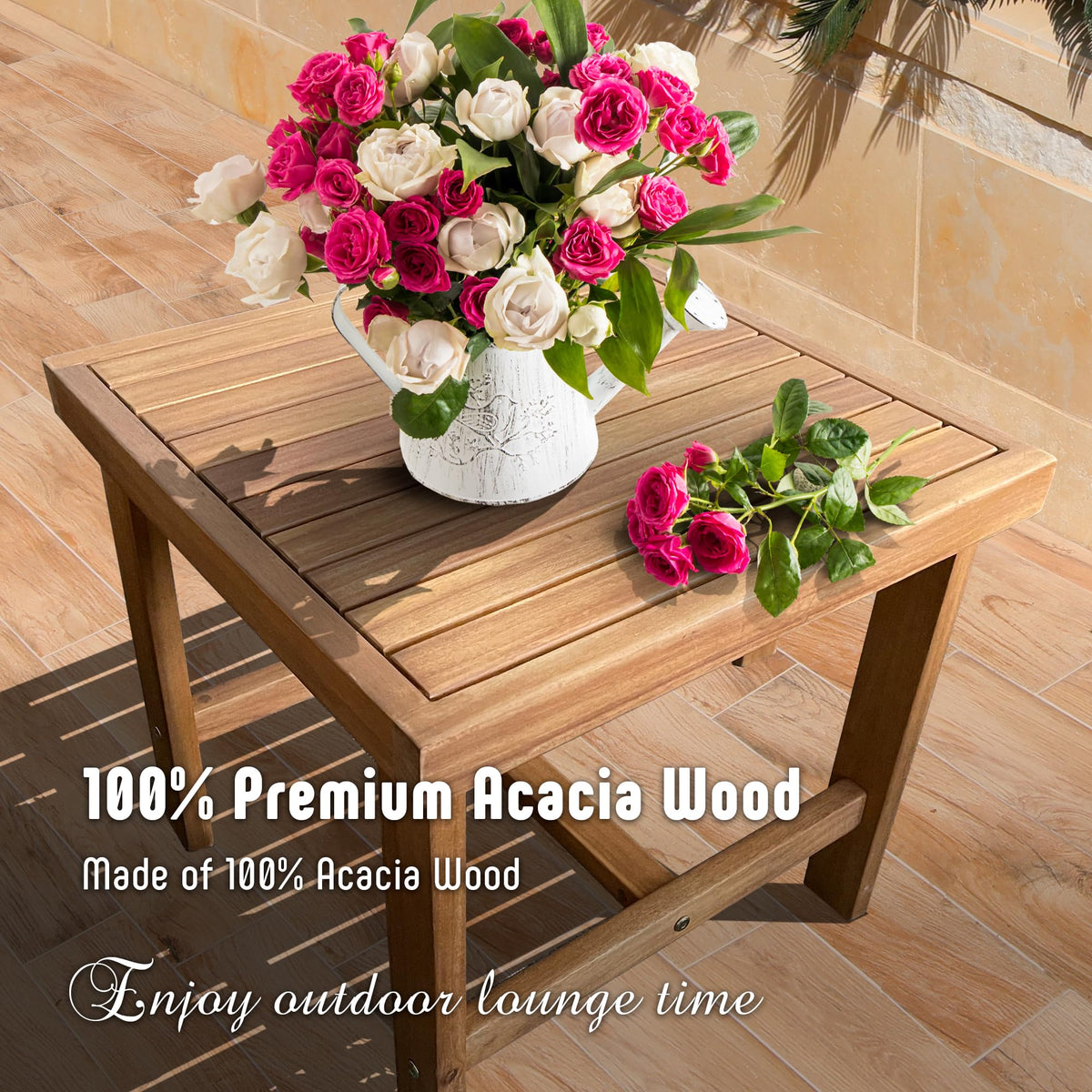 Werph coffee table with acacia top provides convenient surface for drinks and decor.