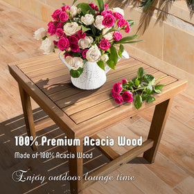Werph coffee table with acacia top provides convenient surface for drinks and decor.
