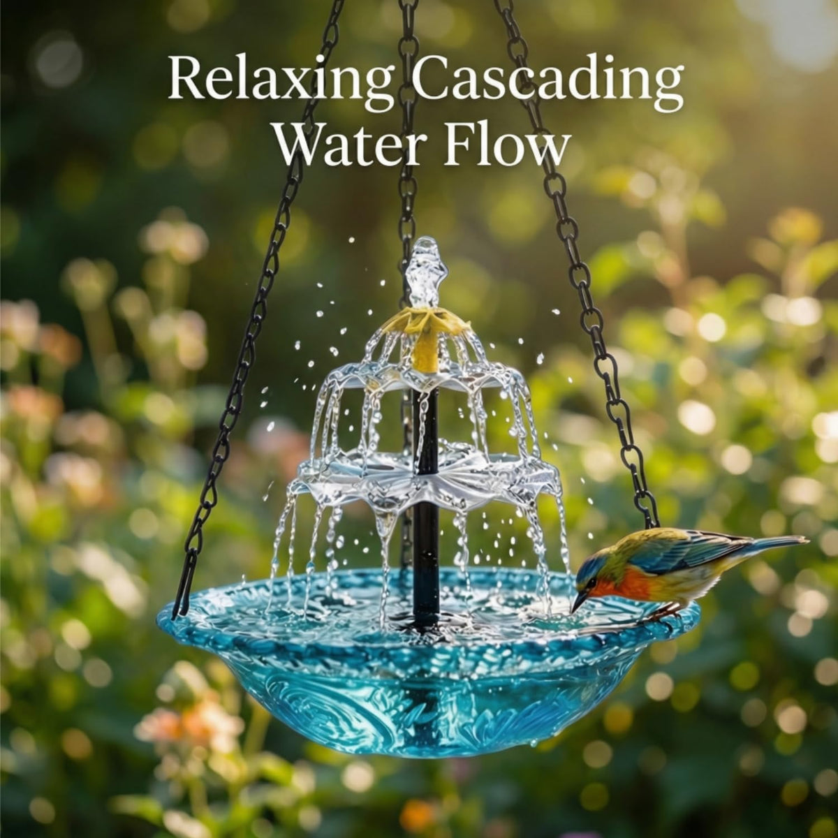 WesGen Solar Cascade hanging bird bath resting in a lush garden inviting wildlife.