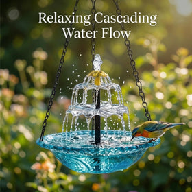 WesGen Solar Cascade hanging bird bath resting in a lush garden inviting wildlife.