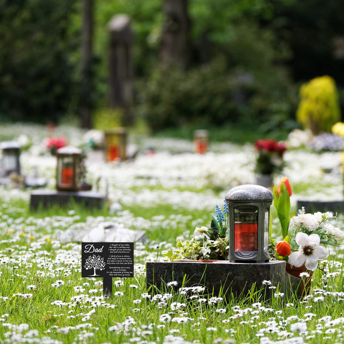 Wesiti Dad memorial stake withstands rain and snow for lasting display.