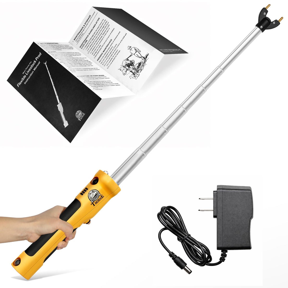 West Thorne Pro retractable cattle prod extended for precise guidance at distance.
