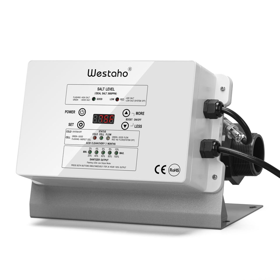 Westaho salt chlorine generator control panel shows salt and temperature for easy pool care.