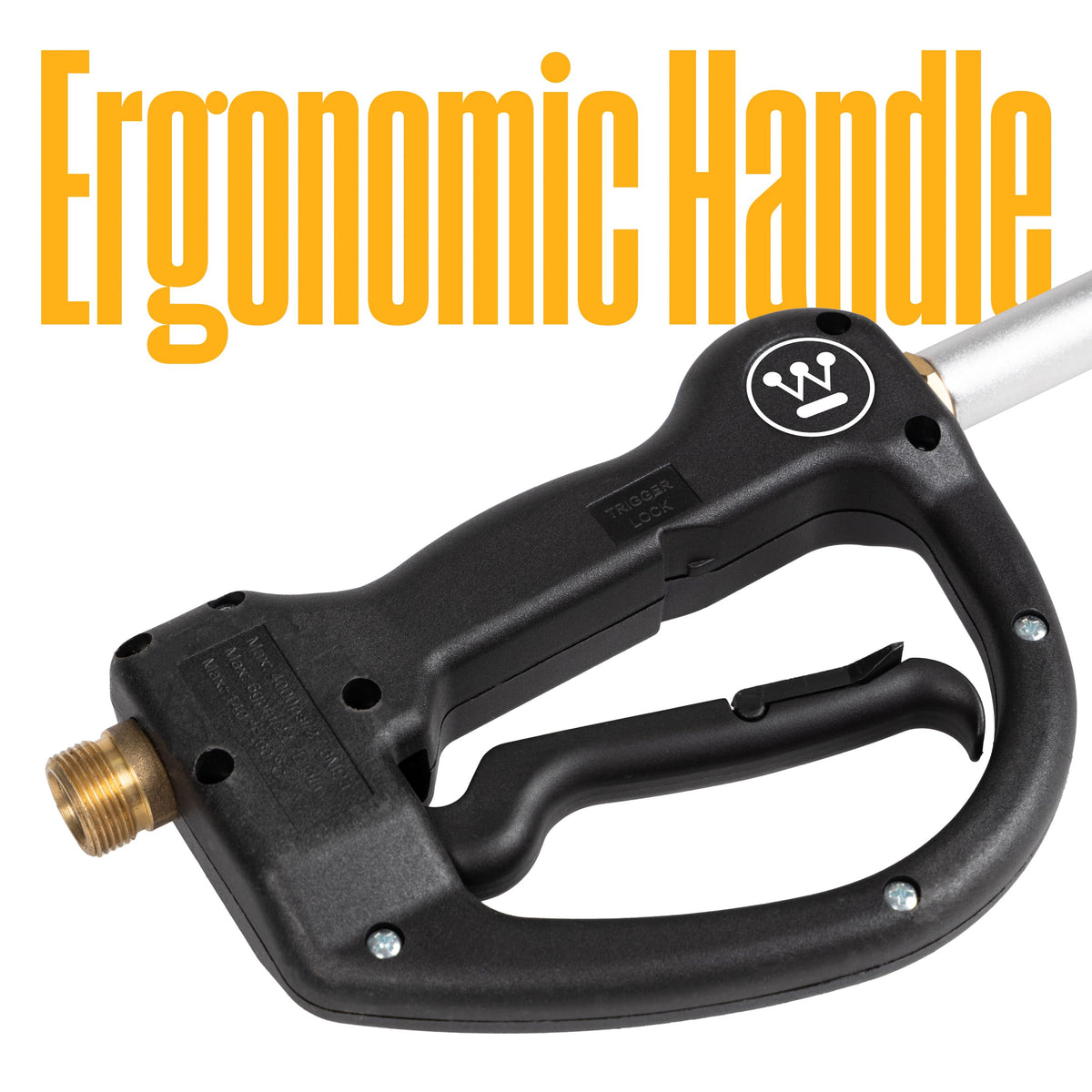 Westinghouse extension wand metal gun provides durable control during pressure washing.