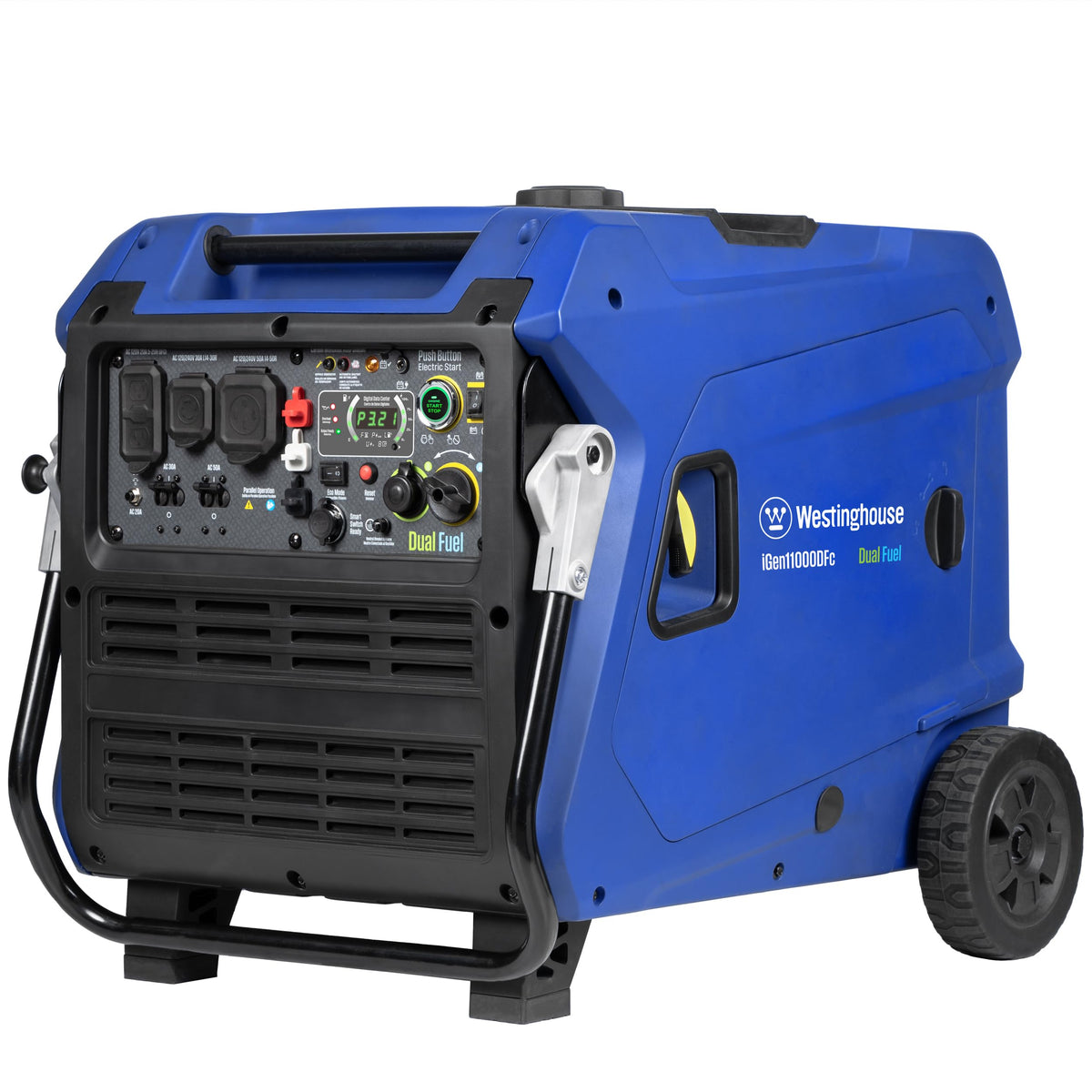 Westinghouse iGen11000DFc wheels and handle for easy portability.
