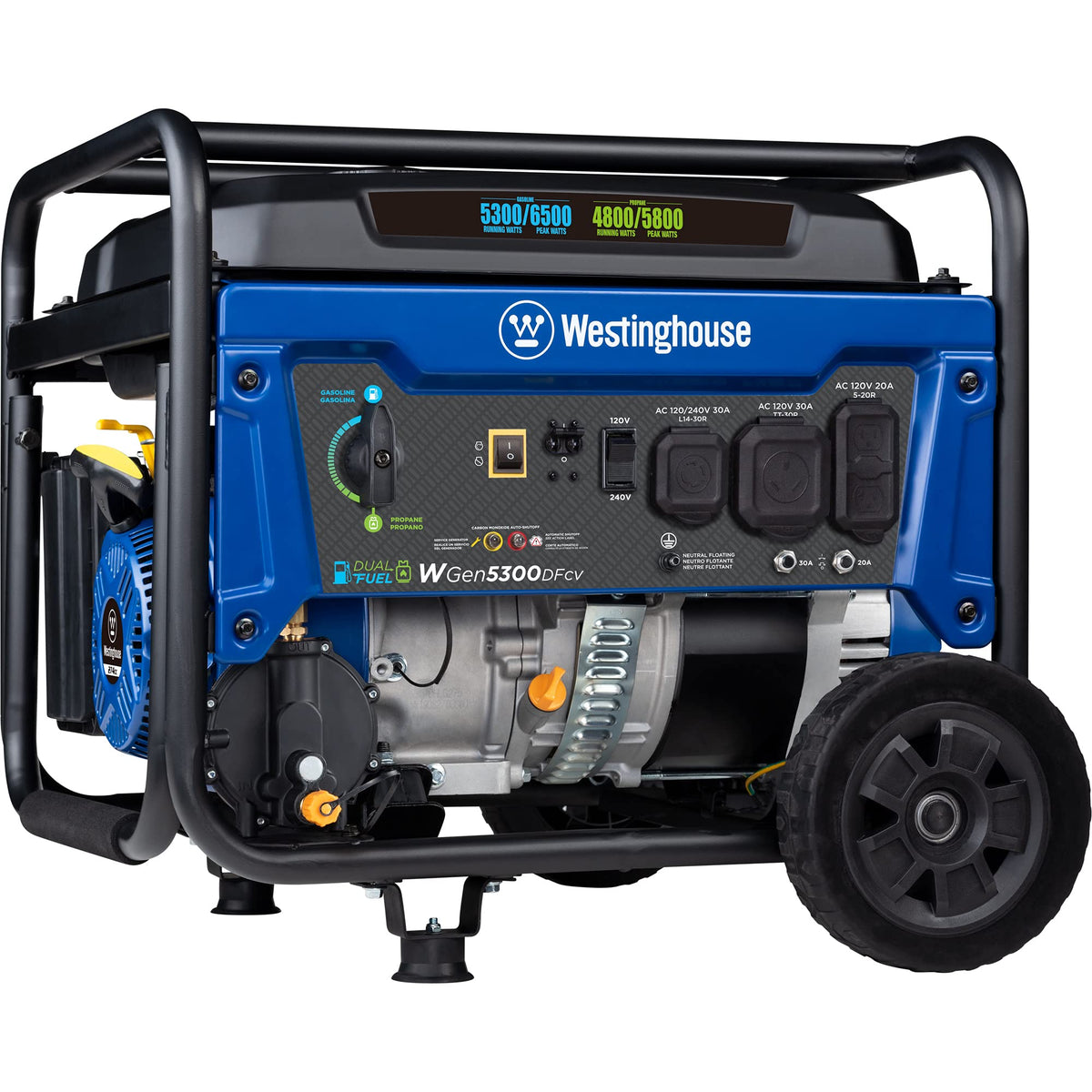 Westinghouse WGen5300DFcv front view with rugged frame for reliable outdoor power