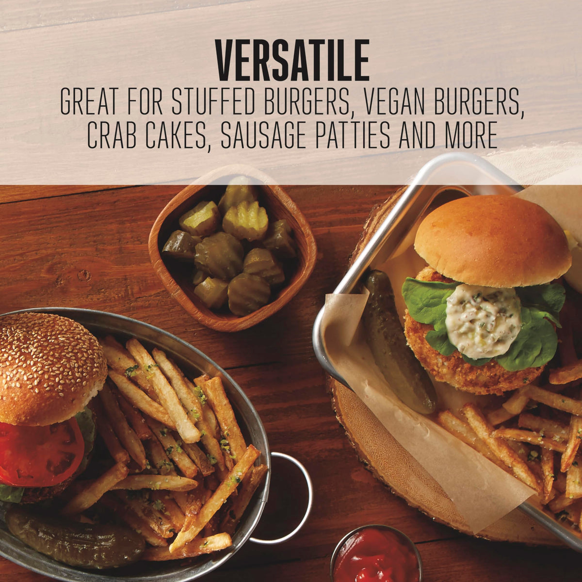 Adjustable thickness marks on the Weston handle ensure precise patty size.