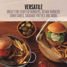 Adjustable thickness marks on the Weston handle ensure precise patty size.