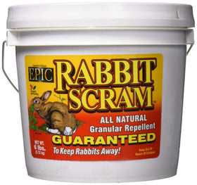 Wetsel Rabbit Scram granular pail ready to protect garden beds from rabbits.