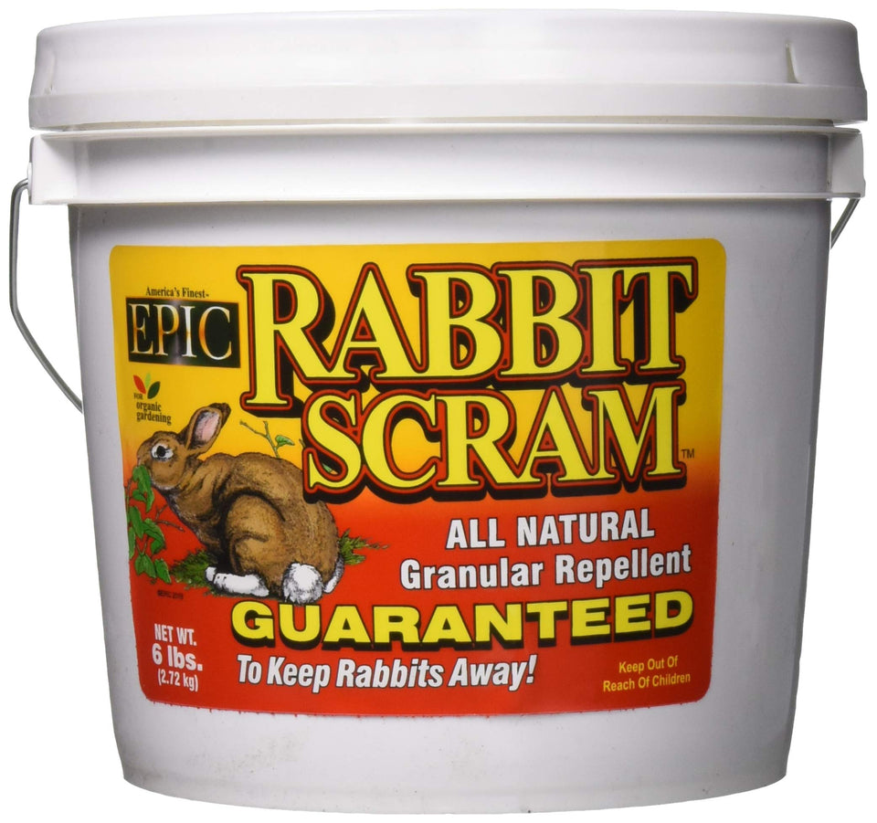 Wetsel Rabbit Scram granular pail ready to protect garden beds from rabbits.
