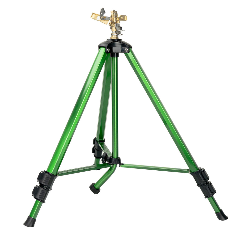 Wexo Palindrog impact sprinkler on tripod base offers even lawn irrigation.