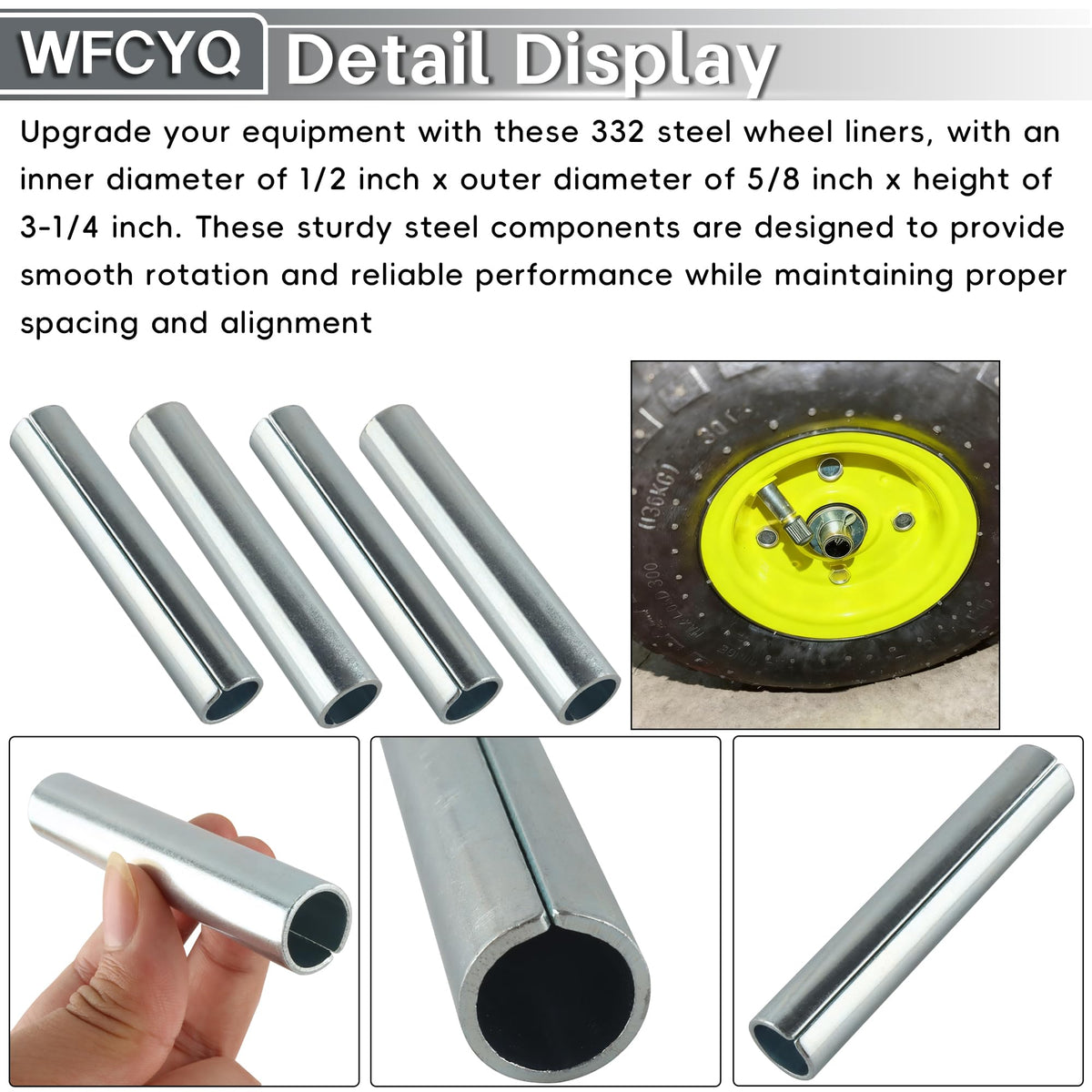 WFCYQ 332 steel wheel bushing with dimensions showing 1/2-inch ID and 5/8-inch OD.