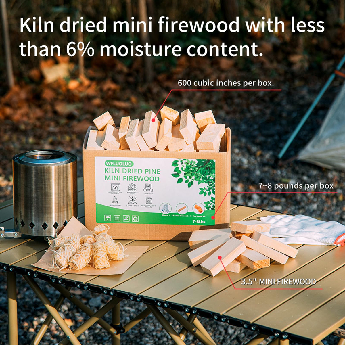 WFLUOLUO kiln-dried pine 3.5-inch sticks for low-smoke burns.