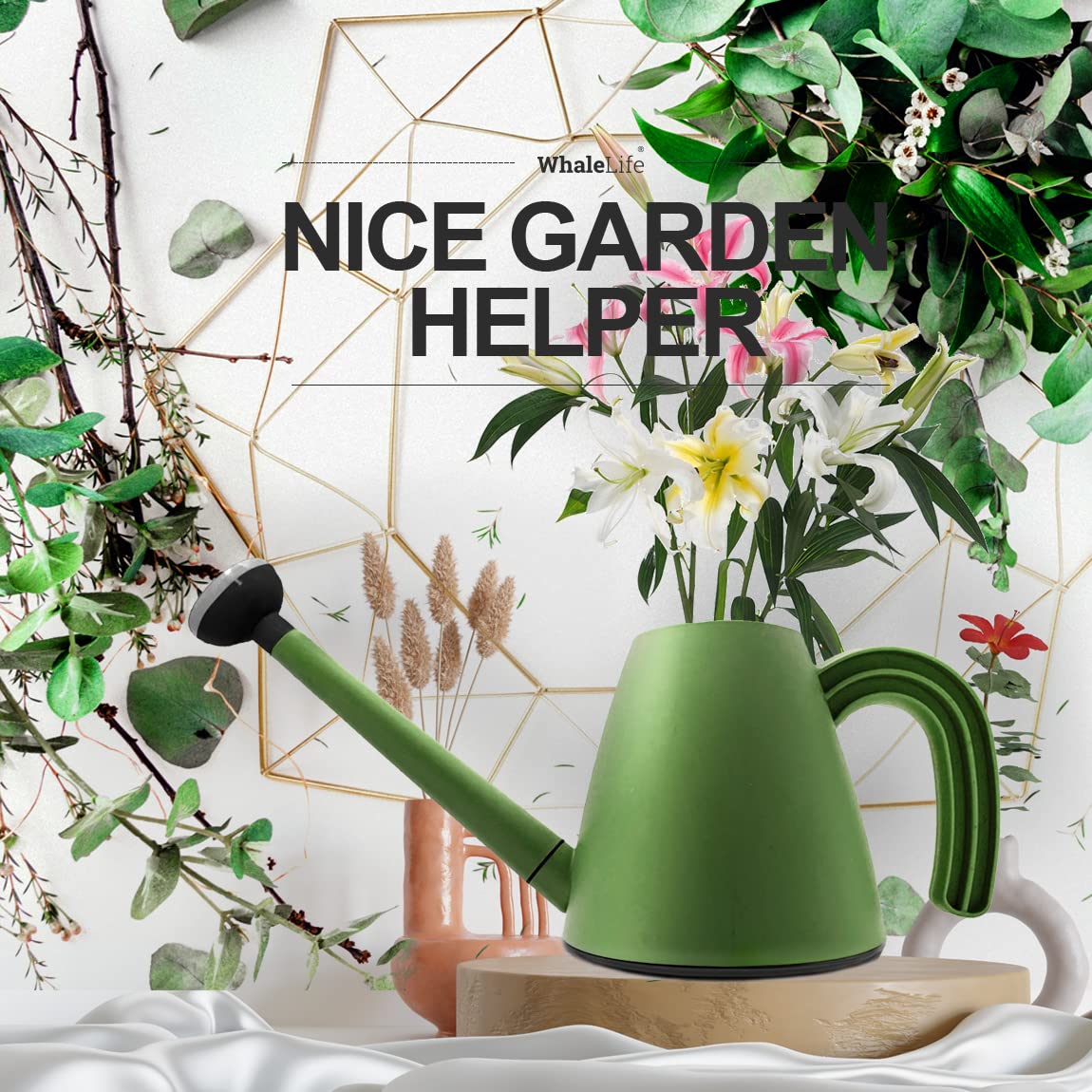 WhaleLife 2L green watering can ideal for compact indoor use.