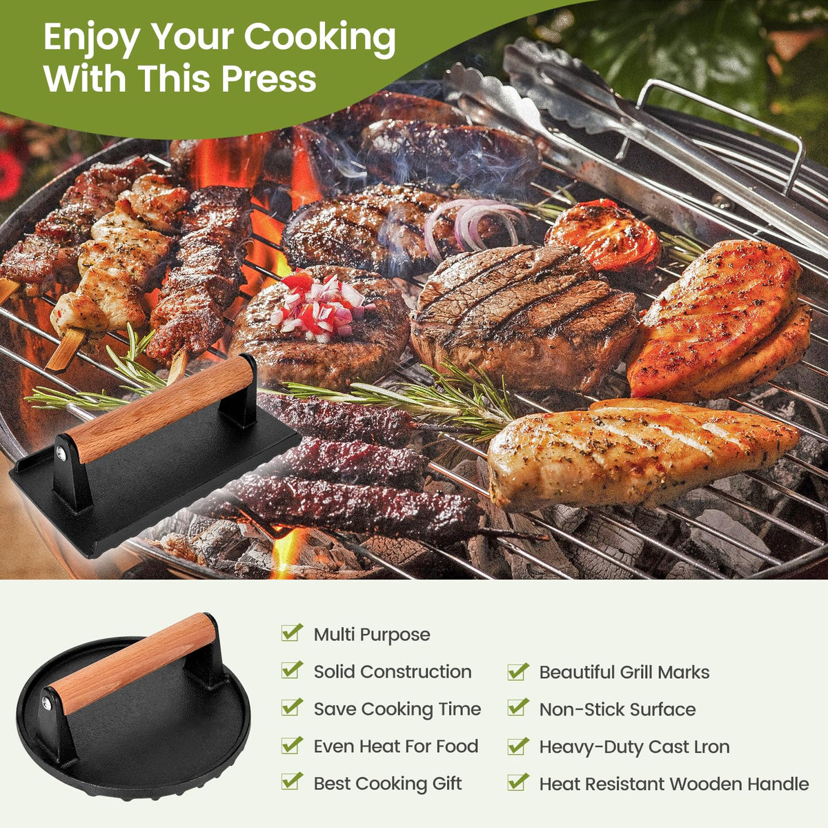 Whaleme cast-iron press grooved-bottom creates grill marks and efficient drainage.