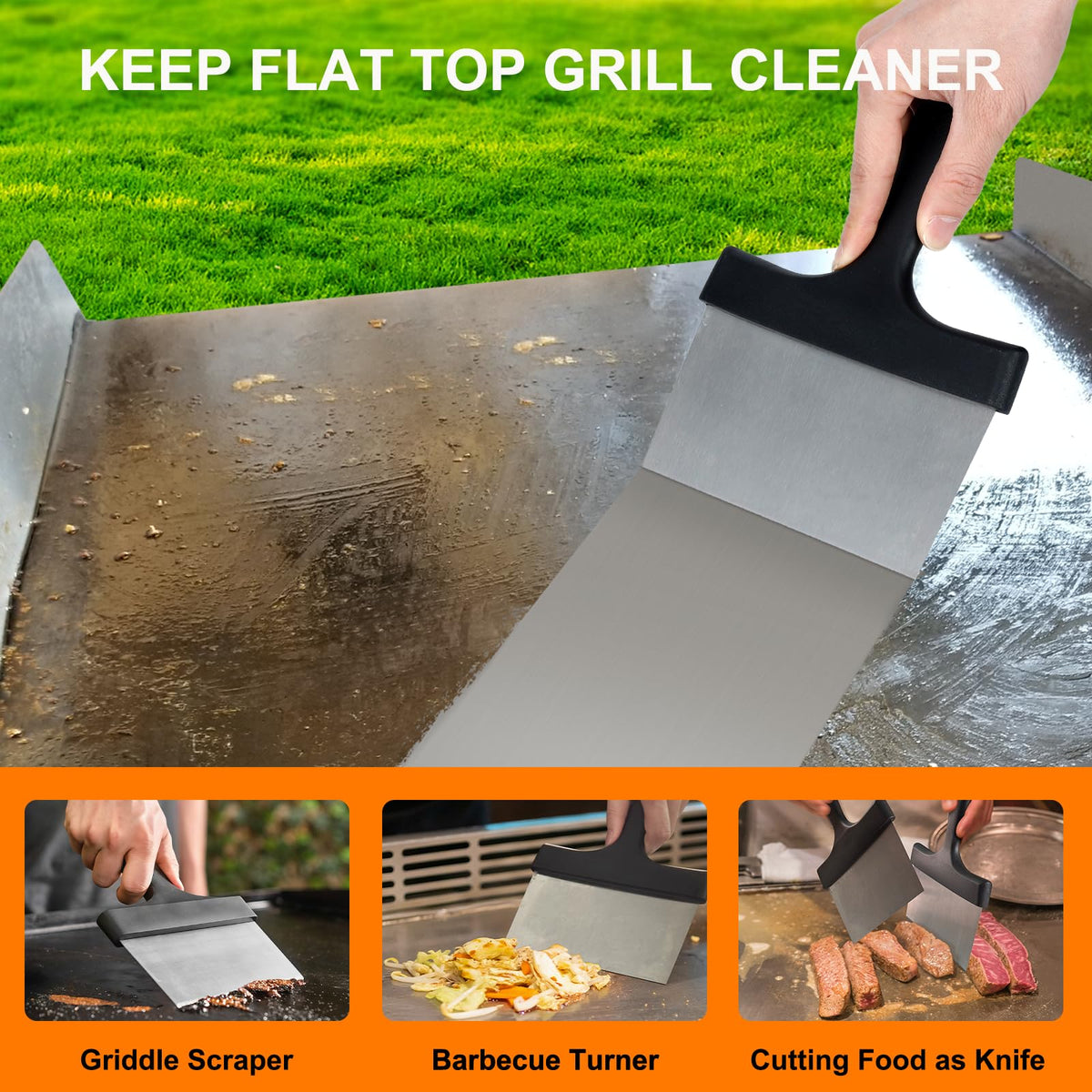Whaleme griddle scraper designed to lift stuck-on grime safely