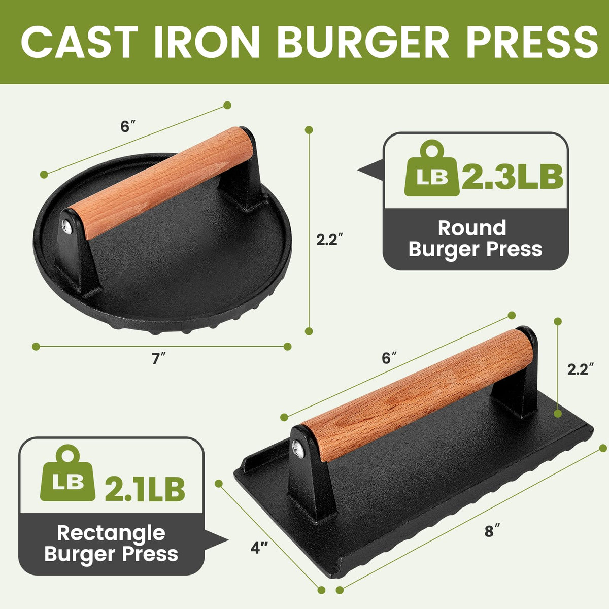 Whaleme grill press rectangle 8x4 ensures uniform heat and flat burger surfaces.
