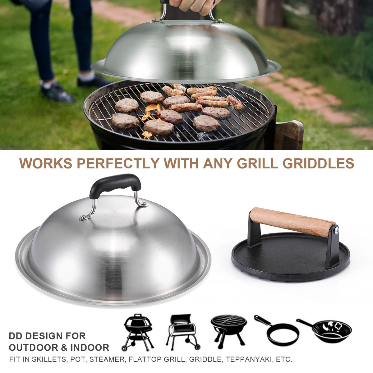 Whaleme Stainless Steel Griddle Dome used on burgers for even cooking