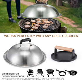 Whaleme Stainless Steel Griddle Dome used on burgers for even cooking
