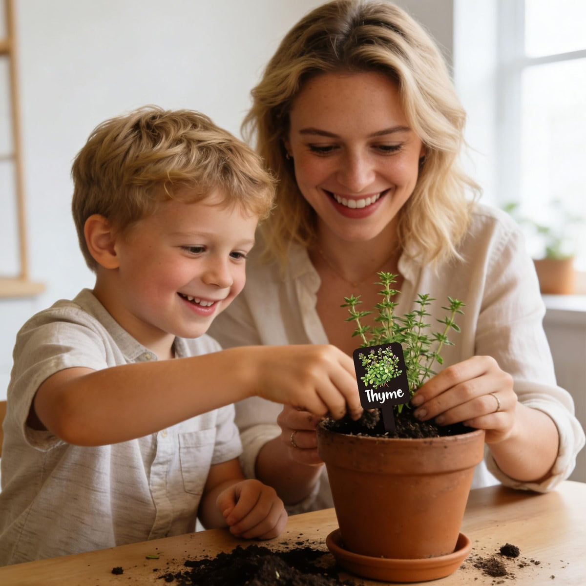 Whaline garden marker in pot setup demonstrates simple plant tagging.