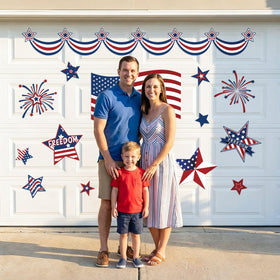 Whaline patriotic garage magnets in red blue white provide reusable Americana color.