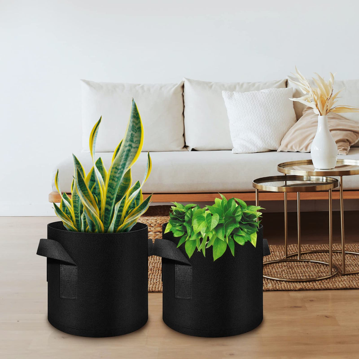WHATWEARS reinforced handles simplify moving pots for seasonal rearrangement.