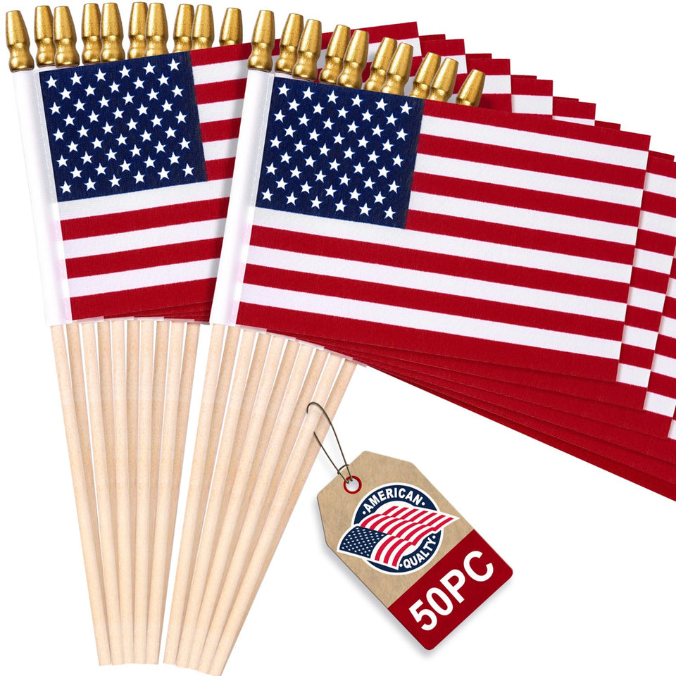 WHGJ 50-pack small US flags on sticks for outdoor parades.