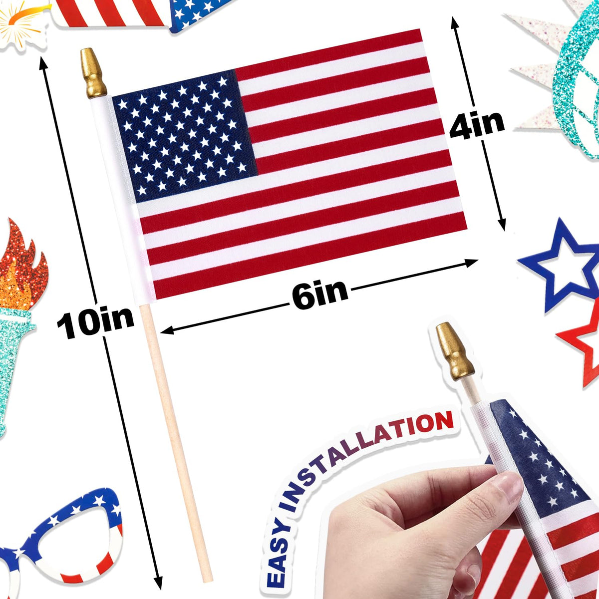 WHGJ mini US flag 4x6 on stick, ideal handheld decor for events.
