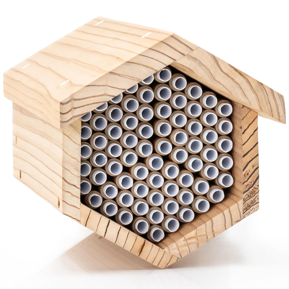 WHITEHORSE Cedar Bee House front view shows durable weatherproof design for solitary bees in your garden.