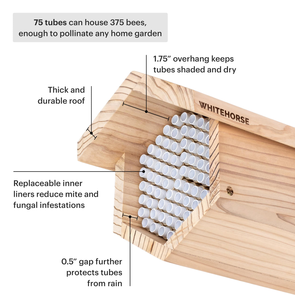 WHITEHORSE Cedar Bee House solid western cedar keeps the box dry and long-lasting.