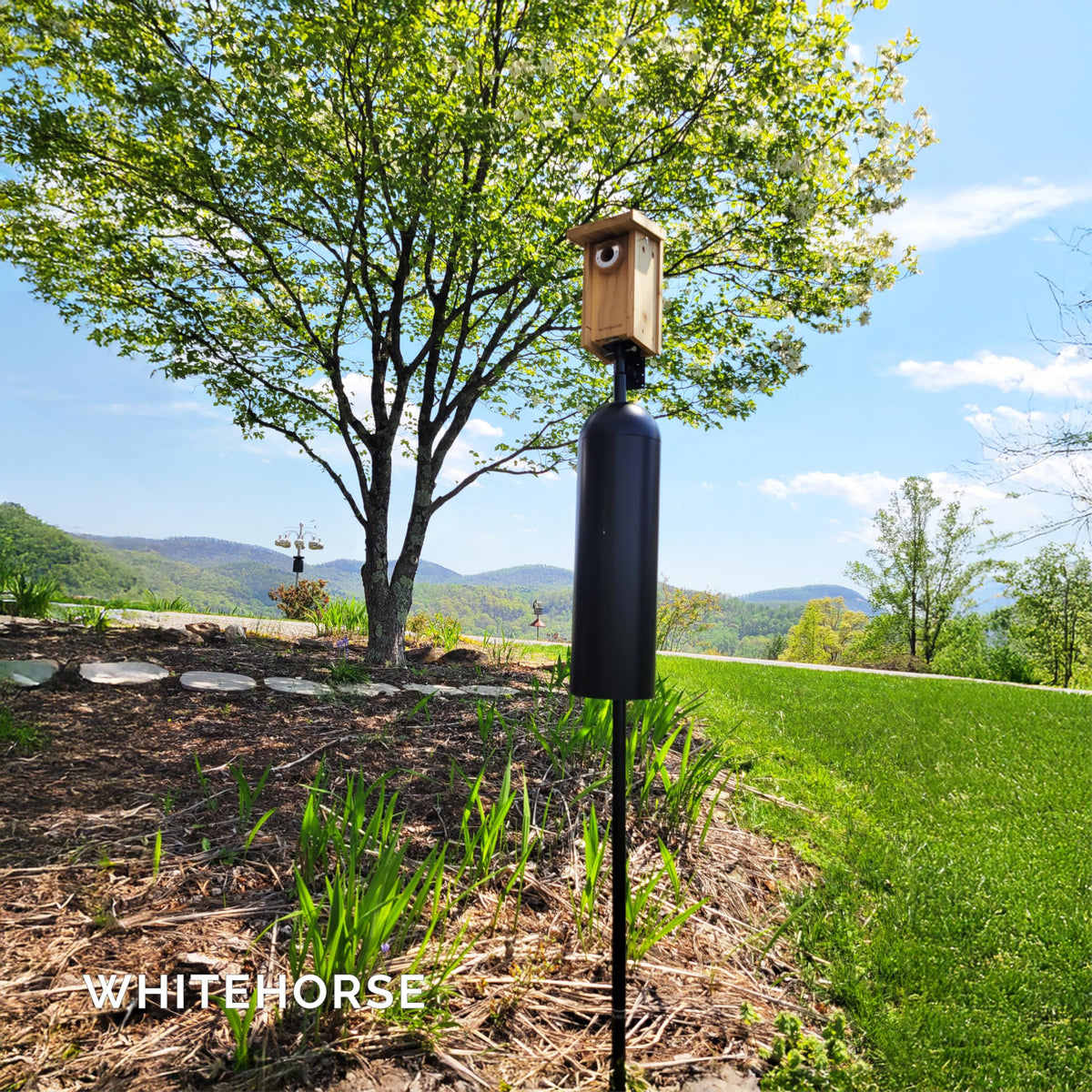 WhiteHorse feeder pole flange-fit ensures secure installation for wooden houses.