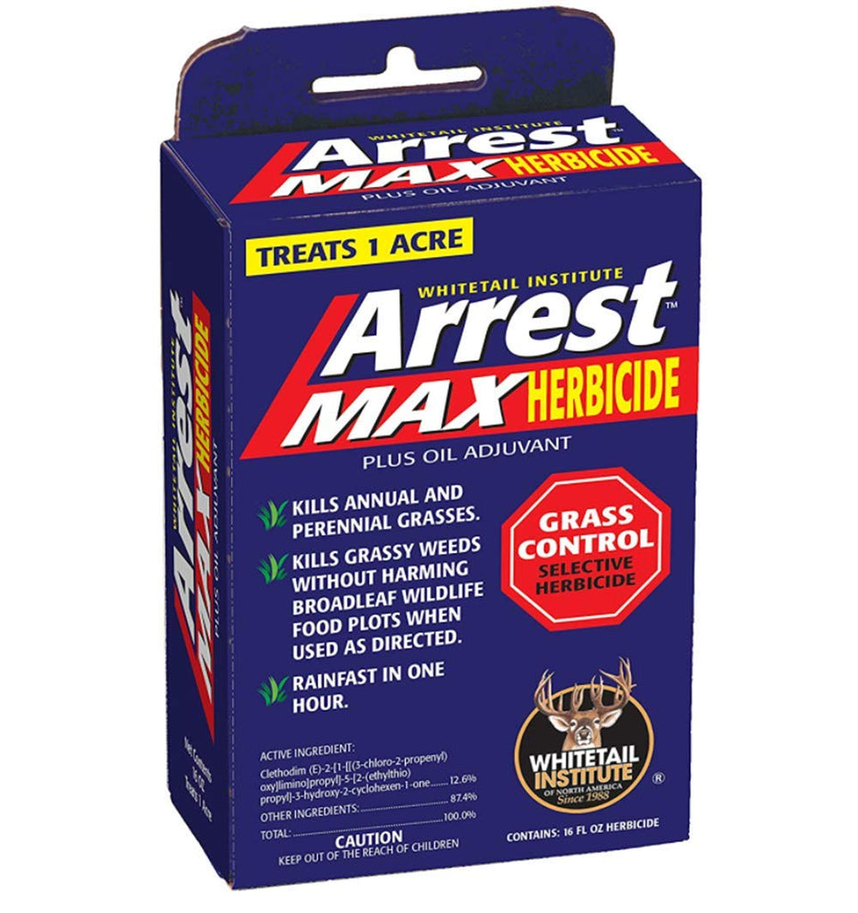 Whitetail Institute Arrest Max bottle ready for selective grass control in plots.