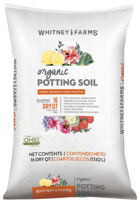 Whitney Farms Organic Potting Soil rich blend for vibrant container gardens and healthy roots.