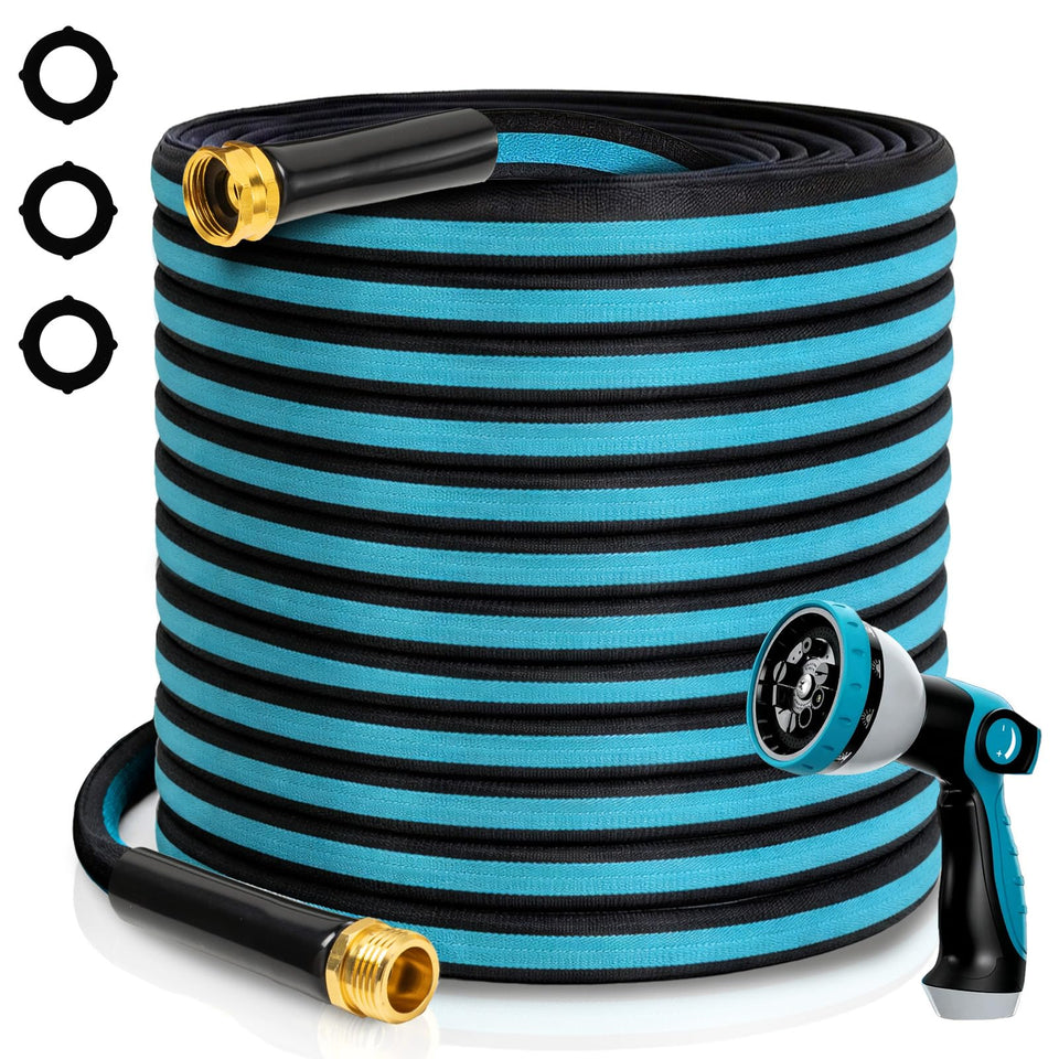 WHOBUY 100ft hose coil for easy storage and quick watering.