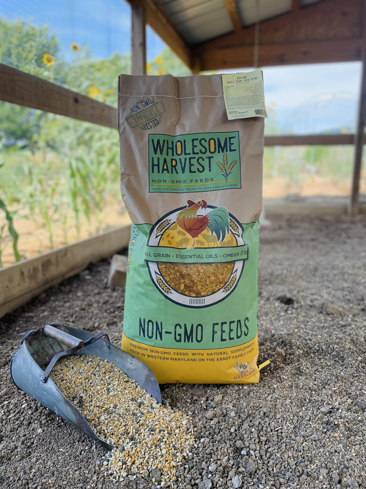 Wholesome Harvest diatomaceous earth texture suggesting digestive support for game birds.