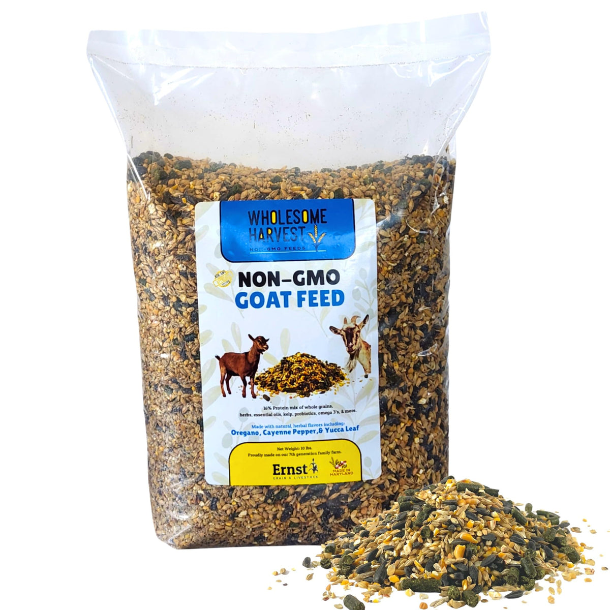 Wholesome Harvest goat feed 16% protein bag front view supports growth