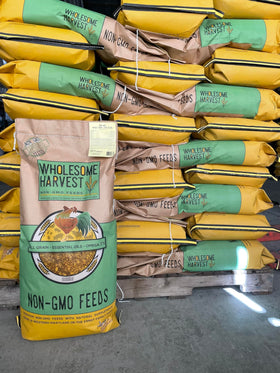 Wholesome Harvest goat feed minerals and vitamins panel emphasizes balanced nutrition
