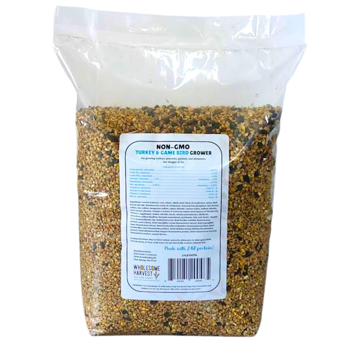 Wholesome Harvest omega-3 enriched feed close-up emphasizing linseed oil for feather development.
