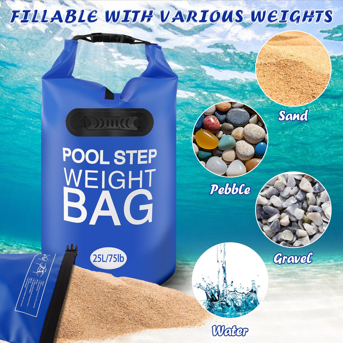 Whumsdog pool step weights 75lb capacity emphasizes solid ballast for stable ladders.